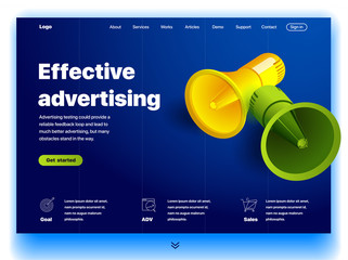 Website providing the service of effective advertising. Concept of a landing page for effective advertising. Vector website template with 3d isometric illustration of a megaphones. Web design site