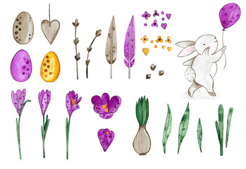 Watercolor illustration of Easter elements. Hand drawn. Flowers, eggs, leabes, bunnies and other elements. Flower border