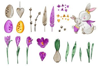 Watercolor illustration of Easter elements. Hand drawn. Flowers, eggs, leabes, bunnies and other elements. Flower border