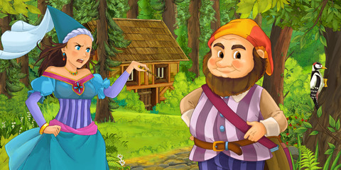 Obraz na płótnie Canvas cartoon scene with happy dwarf traveling and encountering princess sorceress and hidden wooden house in the forest - illustration for children