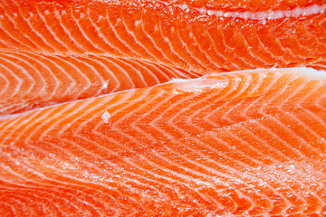 Closeup fresh norwegian salmon fillet fish on professional restaurant kitchen. Textured background....