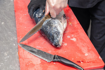 Closeup whole fresh salmon fish preparing fillet with knife on red cutting board in professional kitchen of restaurant. Concept Japanese food, sushi, sashimi, semi finished product, norwegian soup
