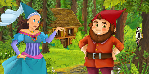 Obraz na płótnie Canvas cartoon scene with happy dwarf traveling and encountering princess sorceress and hidden wooden house in the forest - illustration for children