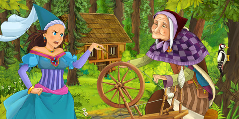 cartoon scene with older witch in the forest encountering sorceress hidden wooden house - illustration for children