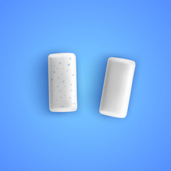 Pads of bubble gum with mint flavour. Chewing gums for healthy teeth and dental hygiene. Refreshing sweet candy, isolated on blue background. Vector illustration
