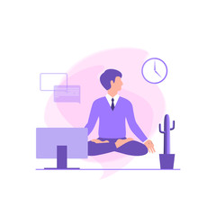 Businessman meditates in the Lotus position in the workplace. Calm pose, mental balance, harmony, spirituality energy, body exercise sitting. Flat vector illustration.