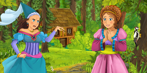 cartoon scene with happy young girl in the forest encountering sorceress hidden wooden house - illustration for children