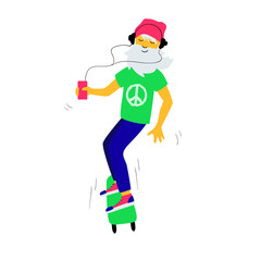 vector illustration of an old man on a skateboard, flat design