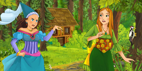 cartoon scene with happy young girl in the forest encountering sorceress hidden wooden house - illustration for children