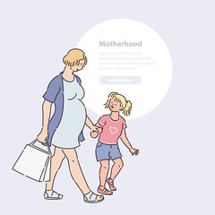 Young pregnant woman goes shopping with daughter. Walk mom child teenager in summer time vector line art illustration banner and round area for text.