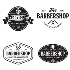 Set of vintage barbershop labels. Templates for the design of logos and emblems. Collection of barbershop - symbols razor, pole, scissors.