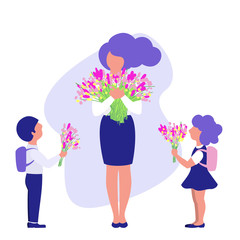 Happy teachers day.Students and teacher with flowers, flat design
