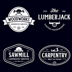 Woodwork badges. Set of carpentry, woodworkers, lumberjack, sawmill service monochrome vector labels, emblems and logos.