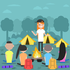 Camping in forest. Young characters near bonfire.Campfire stories.Flat cartoon design.Clip art