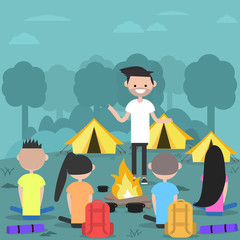 Camping in forest. Young characters near bonfire.Campfire stories.Flat cartoon design.Clip art