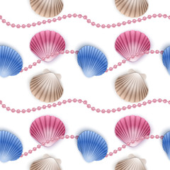 Seamless Endless Pattern with Print of colorful shells and pearls on white background. Can be used in food industry for wallpapers, posters, wrapping paper, wedding cards.
