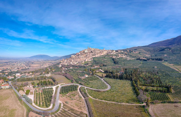 The old town Trevi in Umbria. Drone aerial panorama