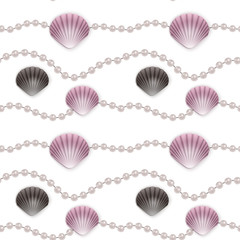 Seamless Endless Pattern with Print of colorful shells and pearls on white background. Can be used in food industry for wallpapers, posters, wrapping paper, wedding cards.