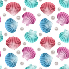 Seamless Endless Pattern with Print of colorful shells and pearls on white background. Can be used in food industry for wallpapers, posters, wrapping paper, wedding cards.