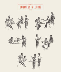 Set people sketches business meeting office vector