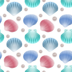 Seamless Endless Pattern with Print of colorful shells and pearls on white background. Can be used in food industry for wallpapers, posters, wrapping paper, wedding cards.