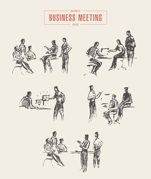 Set People Sketches Business Meeting Office Vector