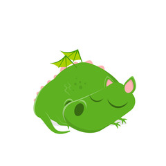 funny vector illustration of a sleeping green cartoon dragon