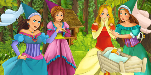 cartoon scene with happy young girl in the forest encountering sorceress hidden wooden house - illustration for children