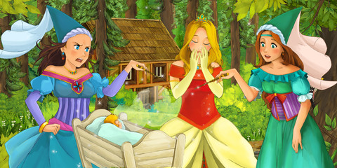 Obraz na płótnie Canvas cartoon scene with happy young girl in the forest encountering sorceress hidden wooden house - illustration for children