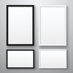 White and black realistic empty pictures frame on gray background. A4 vertical and horizontall blank picture frames for photographs. Vector illustration