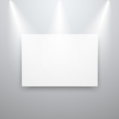 Canvas display mockup on empty wall with spot lights. vector illustration