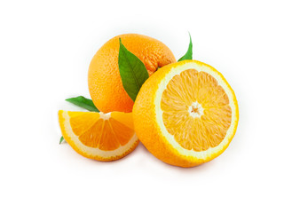 orange with leaves isolated on white background