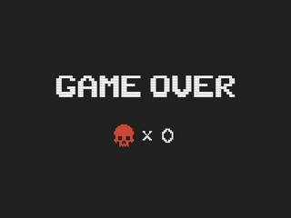 Game over text and red skull vector illustration. Retro video game design element on dark background © Oleg