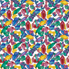 Seamless pattern with watercolor illustration of crystals gems.