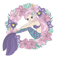 CUTIE Mermaid Princess Cartoon Tropical Summer Flower Wreath Vector Illustration Set for Print Fabric and Decoration