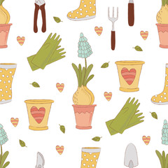 GARDENING CRAFT Spring Season Nature Garden Work Holiday Cartoon Seamless Pattern Vector Illustration for Print Fabric and Digital Paper