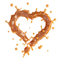 Sweet melted caramel sauce or syrup heart isolated on white background. Clipping path included. Valentines day concept. 3D render