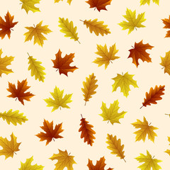 Seamless pattern with autumn leaves on yellow background, for any occasion