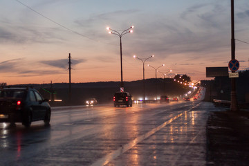 Third transport ring, Moscow. The road in Moscow, one of the three ring highways of the city of Moscow along with the Garden ring and the Moscow ring road. Road in the evening.