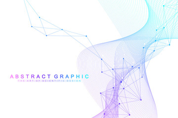 Geometric abstract background with connected lines and dots. Wave flow. Molecule and communication background. Graphic background for your design. Artificial Intelligence. Vector illustration.