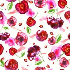 Watercolor illustration, pattern. Berries on white background. Cherry berries, cherry seeds, pink spots.