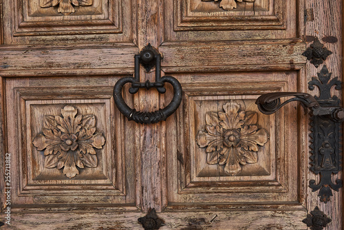 Old Vintage Wooden Door With Ornament In An Old Castle Stock