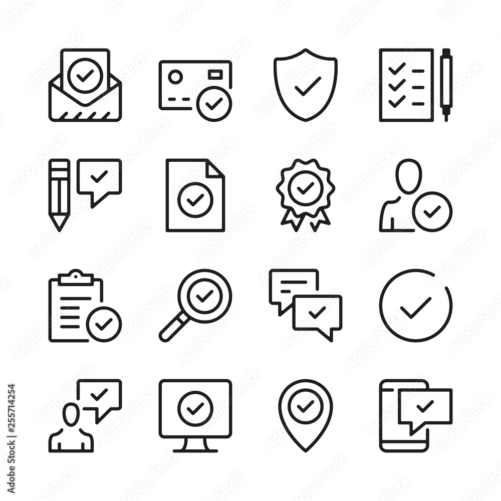 Poster approve line icons set. check marks, ticks. modern graphic design concepts, simple outline elements 