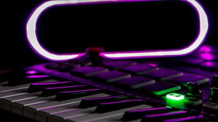 Abstract image of computer keyboard and music column, purple neon color, green neon key color, creative design dark blurred background