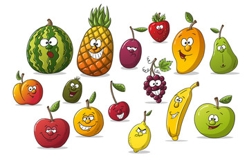 Collection of some different cartoon fruits. Isolated on white background, with separate layers.
