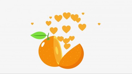 The cartoon orange is broken into two parts, the hearts fly out. Fruit animation with white background. Alpha channel. Healthy food.