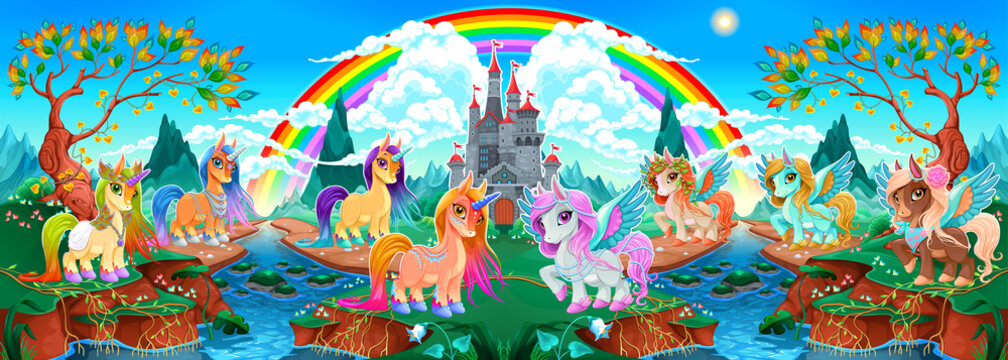 Groups of unicorns and pegasus in a fantasy landscape
