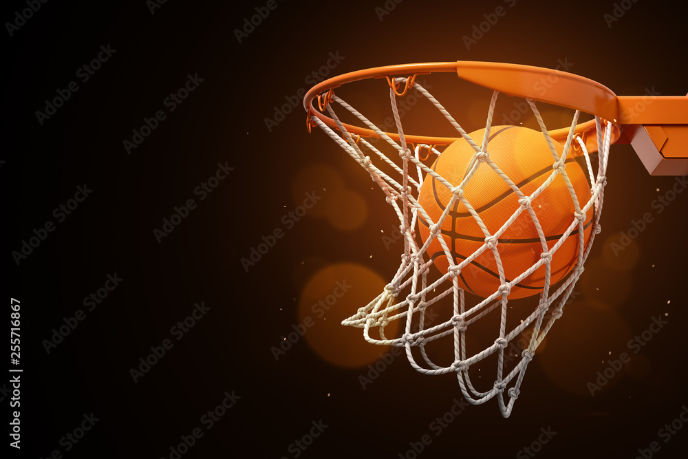 Poster 3d rendering of a basketball in the net on a dark background.