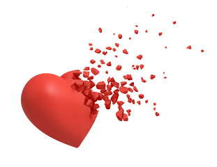 3d rendering of red heart shattering into small pieces isolated on white background
