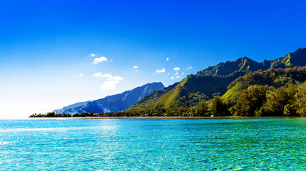 View of the seascape, Moorea island, French Polynesia. Copy space for text.